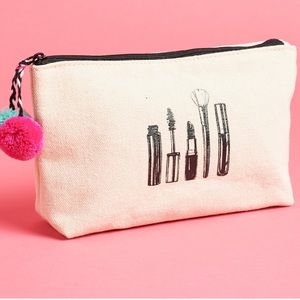 Macy's Beauty Canvas Makeup Theme Cosmetic Bag with Pom Poms